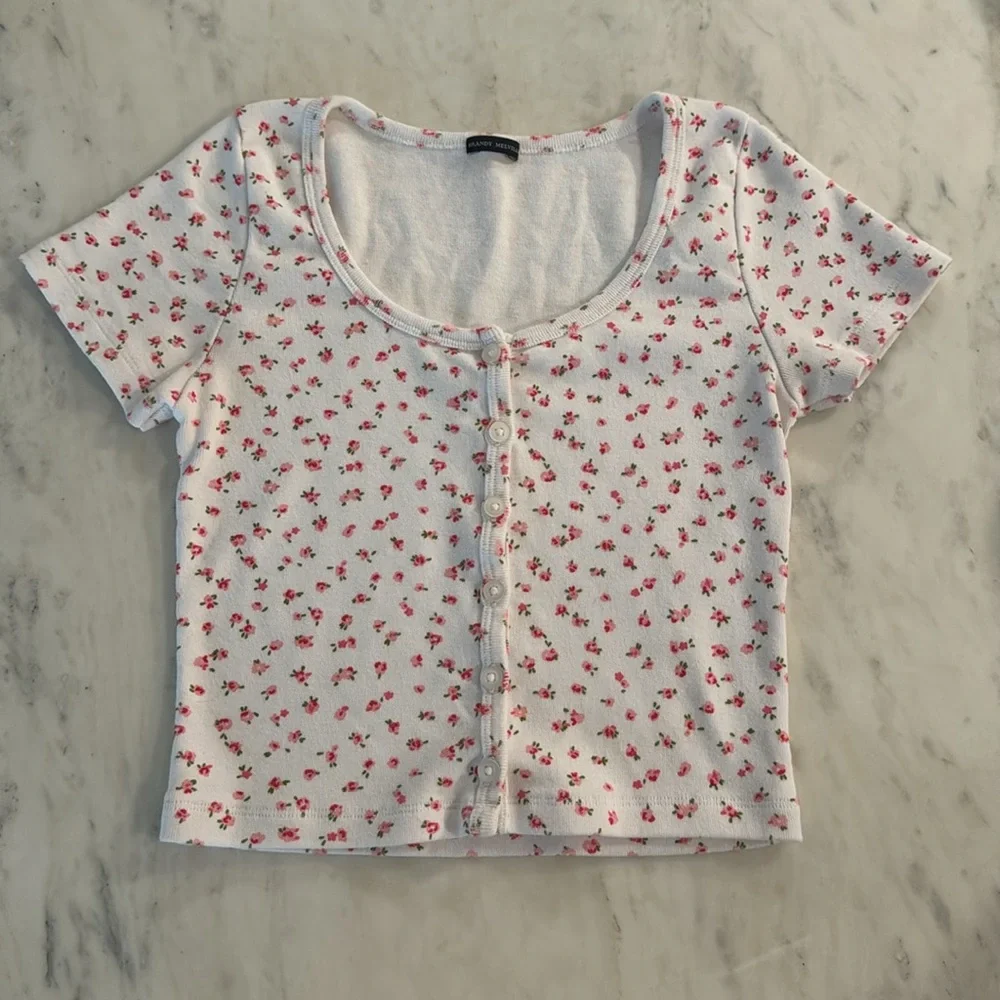 Brandy Melville Floral Print Button Up Scoop Neck Top - Picture 2 of 6